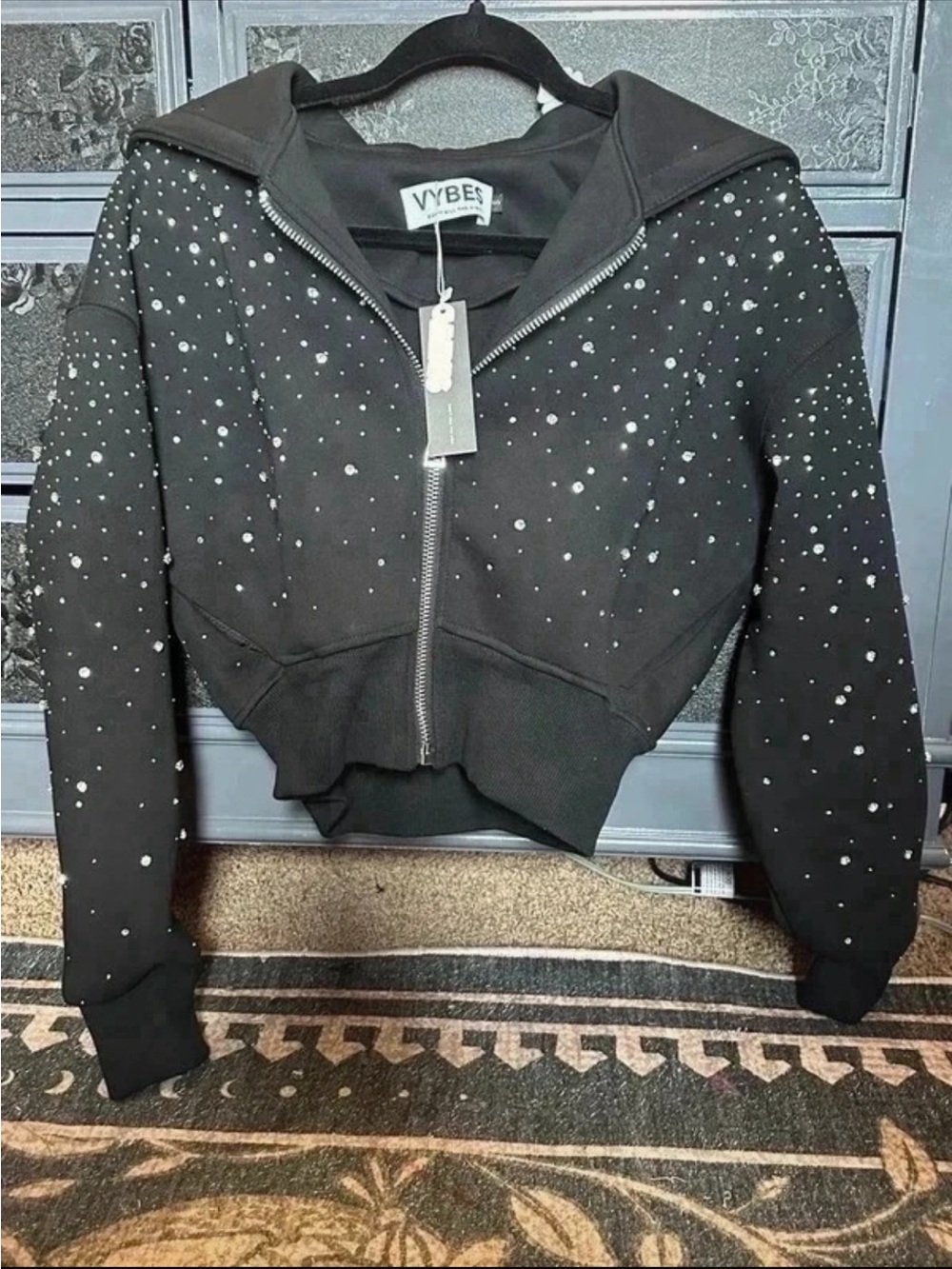 The Viral VYBES Cropped Oversized Rhinestone Bling Zip Up Hoodie